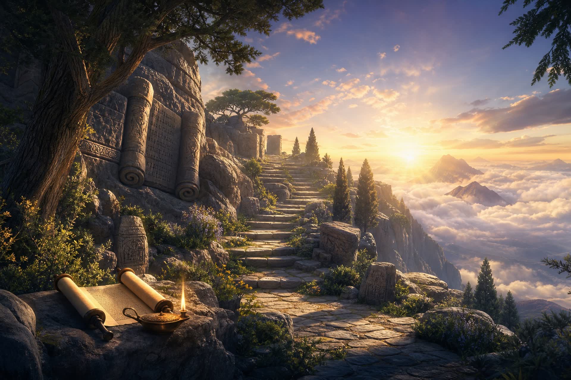A carved stone stairway climbing above the clouds toward sunrise, with an open scroll and oil lamp