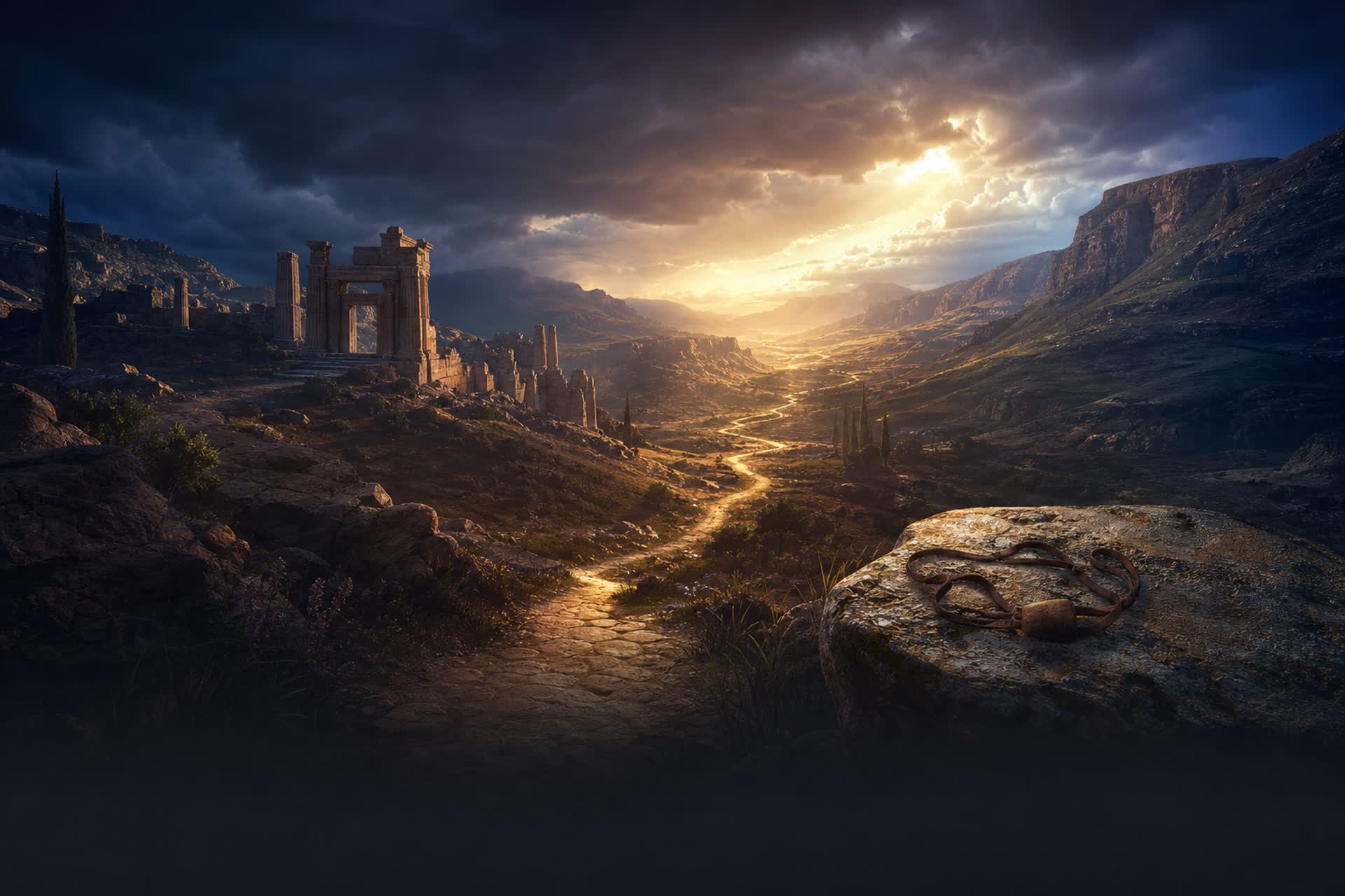 A ruined temple above a wide valley at storm-break, with a lit path leading toward the light