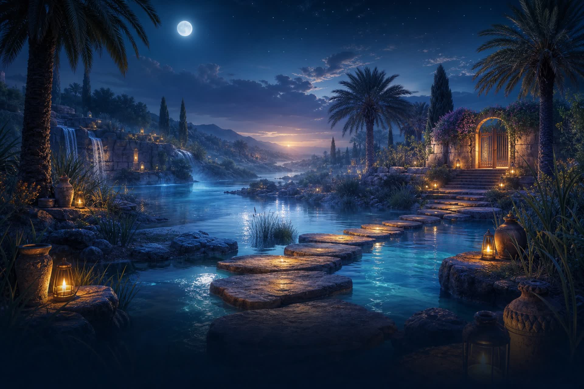 Lantern-lit stepping stones crossing still blue water under a full moon